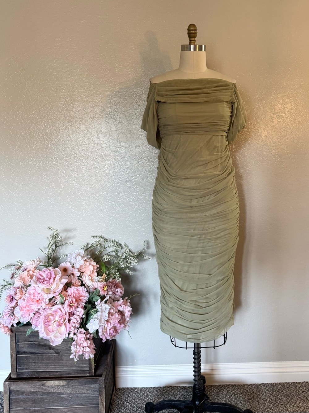 Olive Ruched Off-Shoulder Sheath Dress
